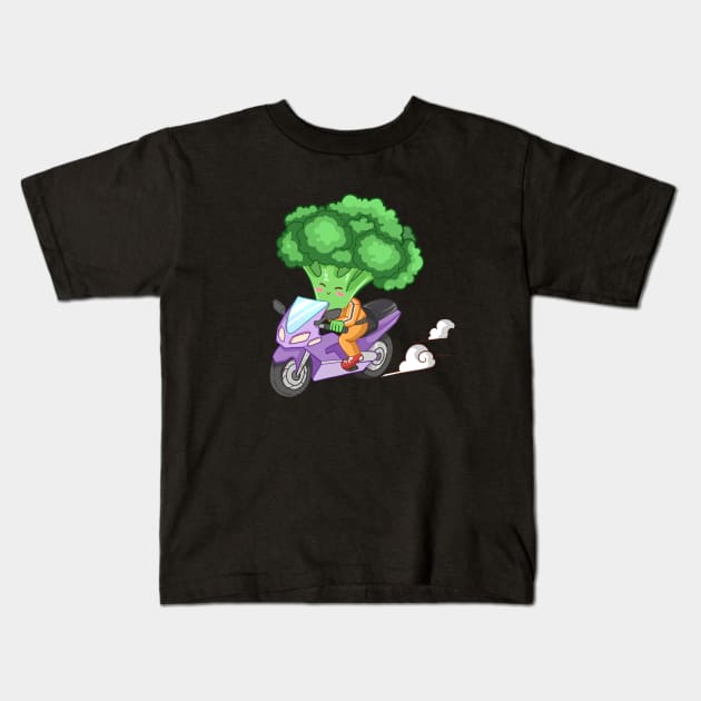 Broccoli motobike Kids T-Shirt by Little Forest Art